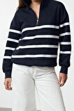 Kadın Fermuarlı Yaka Standart Kol Fermuar Detaylı Çizgili Normal Kalıp Örme Sweatshirt