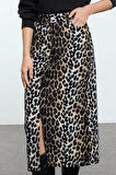 Kadın Moda Stil Maxi Astarsız Dokuma Animal Leopar Desenli Önden Yırtmaçlı Maxi Boy Dokuma Etek