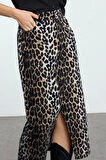 Kadın Moda Stil Maxi Astarsız Dokuma Animal Leopar Desenli Önden Yırtmaçlı Maxi Boy Dokuma Etek