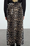 Kadın Moda Stil Maxi Astarsız Dokuma Animal Leopar Desenli Önden Yırtmaçlı Maxi Boy Dokuma Etek