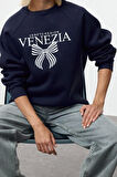 Kadın Bisiklet Yaka Reglan Kol Rahat Kalıp Reglan Kol Slogan ve Fiyonk Baskılı Örme Sweatshirt