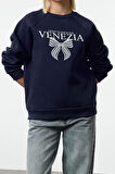 Kadın Bisiklet Yaka Reglan Kol Rahat Kalıp Reglan Kol Slogan ve Fiyonk Baskılı Örme Sweatshirt