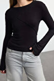 Kadın Regular Bisiklet Yaka İspanyol Kol Slim Kalıp Örme Nervür Detaylı Fitted Vücuda Oturan Bluz