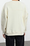 Kadın Moda Şık Bol Bisiklet Yaka Düşük Kol Uzun Nakışlı Normal Kalıp Örme Sweatshirt