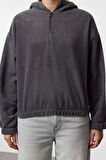 Kadın Moda Şık Regular Kapüşonlu Düşük Kol Regular Normal Kalıp Polar Fermuarlı Yaka Örme Sweatshirt