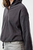 Kadın Moda Şık Regular Kapüşonlu Düşük Kol Regular Normal Kalıp Polar Fermuarlı Yaka Örme Sweatshirt