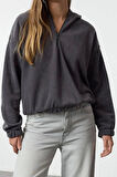 Kadın Moda Şık Regular Kapüşonlu Düşük Kol Regular Normal Kalıp Polar Fermuarlı Yaka Örme Sweatshirt