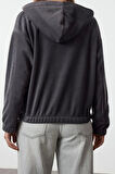 Kadın Moda Şık Regular Kapüşonlu Düşük Kol Regular Normal Kalıp Polar Fermuarlı Yaka Örme Sweatshirt