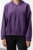Kadın Moda Şık Regular Kapüşonlu Düşük Kol Regular Normal Kalıp Polar Fermuarlı Yaka Örme Sweatshirt