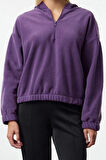 Kadın Moda Şık Regular Kapüşonlu Düşük Kol Regular Normal Kalıp Polar Fermuarlı Yaka Örme Sweatshirt