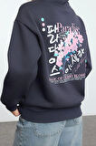 Kadın Moda Şık Bol Kapüşonlu Düşük Kol Uzun Ön Arka Baskılı Geniş Kalıp Örme Sweatshirt