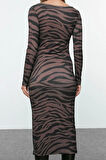 Kadın Moda Maxi Boy Bisiklet Yaka Slim Animal Zebra Baskılı Fitted Vücuda Oturan Esnek Örme Elbise