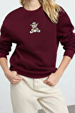 Kadın Moda Şık Relaxed Bisiklet Yaka Düşük Kol Regular Rahat Kalıp Nakışlı Kalın Örme Sweatshirt