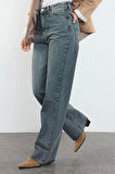 Kadın Moda Şık Kot Pantolon Geniş Paça Uzun Boy Denim Mavi Yüksek Bel Jeans