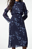 Kadın Moda Şık Midi Boy Dik Yaka Regular Çiçekli A Kesim Dokuma Kışlık Elbise