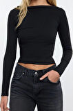 Kadın Moda Şık Regular Kayık Yaka Düşük Kol Slim Kalıp Örme Fitted Vücuda Oturan Fitilli Esnek Bluz