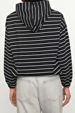 Kadın Moda Şık Regular Kapüşonlu Düşük Kol Regular Çizgili İnce Kumaş Örme Sweatshirt