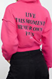 Kadın Oversize Kapüşonlu Düşük Kol Crop Slogan Baskılı Geniş Kalıp Kalın Polarlı Örme Sweatshirt