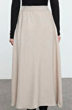 Kadın Moda Stil Maxi Astarsız Dokuma Tesettür Keten Görünümlü Cepli Uzun Dokuma Etek