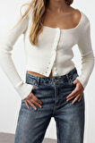 Kadın Moda Şık Crop Kare Yaka Regular Crop Kare Yaka Triko Hırka