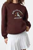 Kadın Relaxed Bisiklet Yaka Düşük Kol Kalın İçi Polarlı Western Baskılı Normal Kesim Örme Sweatshirt