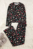 Kadın Moda Şık Bisiklet Yaka Boru Paça Uzun Kol Pamuklu Yılbaşı Temalı Örme Pijama Takımı