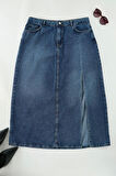 Kadın Moda Stil Midi Astarsız Denim Büyük Beden Yüksek Bel Yırtmaçlı Denim Etek