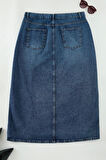 Kadın Moda Stil Midi Astarsız Denim Büyük Beden Yüksek Bel Yırtmaçlı Denim Etek