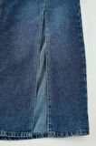 Kadın Moda Stil Midi Astarsız Denim Büyük Beden Yüksek Bel Yırtmaçlı Denim Etek