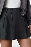 Kadın Moda Stil Mini Astarsız Dokuma Plise ve Kurdele Detaylı Mini Boy Dokuma Etek
