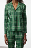 Kadın Moda Şık Gömlek Yaka Boru Paça Uzun Kol %100 Pamuklu Ekoseli Örme Pijama Takımı