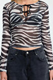 Kadın Regular  Slim Kalıp Örme Zebra Baskılı Fitted Vücuda Oturan Esnek Bluz