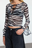 Kadın Regular  Slim Kalıp Örme Zebra Baskılı Fitted Vücuda Oturan Esnek Bluz