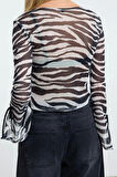 Kadın Regular  Slim Kalıp Örme Zebra Baskılı Fitted Vücuda Oturan Esnek Bluz