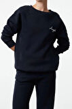 Kadın Moda Şık Bol Bisiklet Yaka Standart Kol Uzun Kalın İçi Polarlı Örme Sweatshirt