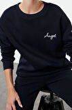 Kadın Moda Şık Bol Bisiklet Yaka Standart Kol Uzun Kalın İçi Polarlı Örme Sweatshirt