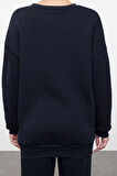 Kadın Moda Şık Bol Bisiklet Yaka Standart Kol Uzun Kalın İçi Polarlı Örme Sweatshirt