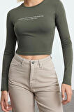 Kadın Moda Şık Üst Giyim Crop Bisiklet Yaka Slim Kalıp Örme Slogan Baskılı Vücuda Oturan Esnek Bluz