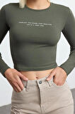 Kadın Moda Şık Üst Giyim Crop Bisiklet Yaka Slim Kalıp Örme Slogan Baskılı Vücuda Oturan Esnek Bluz
