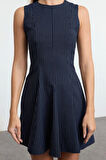 Kadın Moda Şık Mini Boy Bisiklet Yaka Regular Çizgili Eteği Belden Açılan Poliviskon Dokuma Elbise