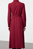 Kadın Moda Şık Midi Boy Gömlek Yaka Relaxed Kuşaklı Viskon Dokuma Elbise