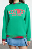Kadın Moda Bol Dik Yaka Düşük Kol Uzun Slogan Baskılı Geniş Kalıp Kalın İçi Polarlı Örme Sweatshirt