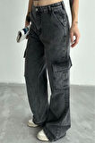 Kadın Moda Şık Kot Pantolon Geniş Paça Uzun Boy Denim Antrasit Kargo Cepli Yüksek Bel Jeans