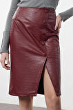 Kadın Moda Stil Midi Astarsız Dokuma Limited Edition Suni Yılan Derisi Yırtmaç Detaylı Dokuma Etek