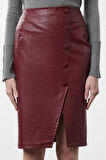 Kadın Moda Stil Midi Astarsız Dokuma Limited Edition Suni Yılan Derisi Yırtmaç Detaylı Dokuma Etek