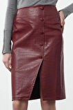 Kadın Moda Stil Midi Astarsız Dokuma Limited Edition Suni Yılan Derisi Yırtmaç Detaylı Dokuma Etek
