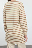 Kadın Tesettür Moda Şık Oversize Bisiklet Yaka Düşük Kol Regular Taş Çizgili Örme Tunik Sweatshirt