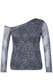 Kadın Moda Şık Büyük Beden Regular Asimetrik Yaka Slim Kalıp Örme Mesh Bluz
