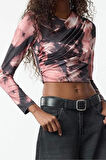 Kadın Moda Şık Üst Giyim Crop Bisiklet Yaka Slim Kalıp Örme Soyut Desenli Büzgü Drape Detaylı Bluz