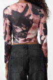 Kadın Moda Şık Üst Giyim Crop Bisiklet Yaka Slim Kalıp Örme Soyut Desenli Büzgü Drape Detaylı Bluz